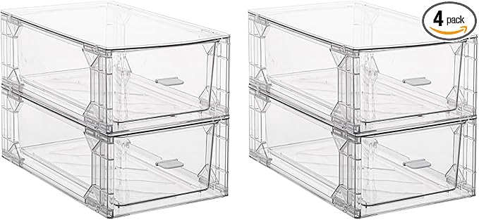 4 Pack Stackable Storage Drawers, Plastic Clear Organizer Bins with Handles, Easily Assemble for Undersink, Kitchen Cabinet, Fridge, Closet, Pantry, Office, Bathroom