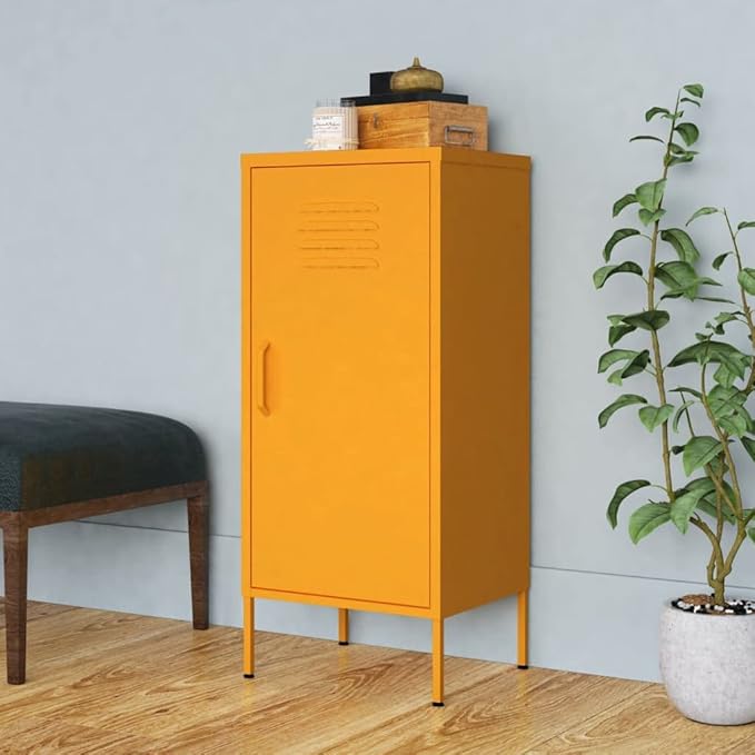 Modern Mustard Yellow Steel Storage Cabinet with Adjustable Shelves, Durable Medium Cabinet for Living Room or Bedroom, Spacious Three Compartment Organizer for Books