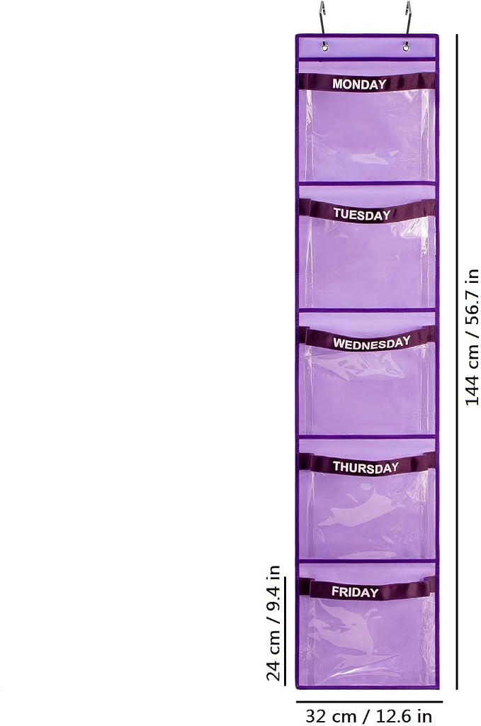 2 Pcs Day of Week Clothing Organizer Monday to Friday School Clothes Organizer for Kids Weekly Hanging Closet Organizer (Purple)