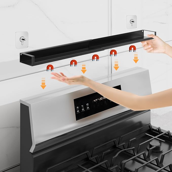 Magnetic Shelf for Stove Top, Adjustable 15"-30" Stove Top Shelf Kitchen Magnetic Spice Rack Organizer Storage, Stainless Steel, Metallic Black