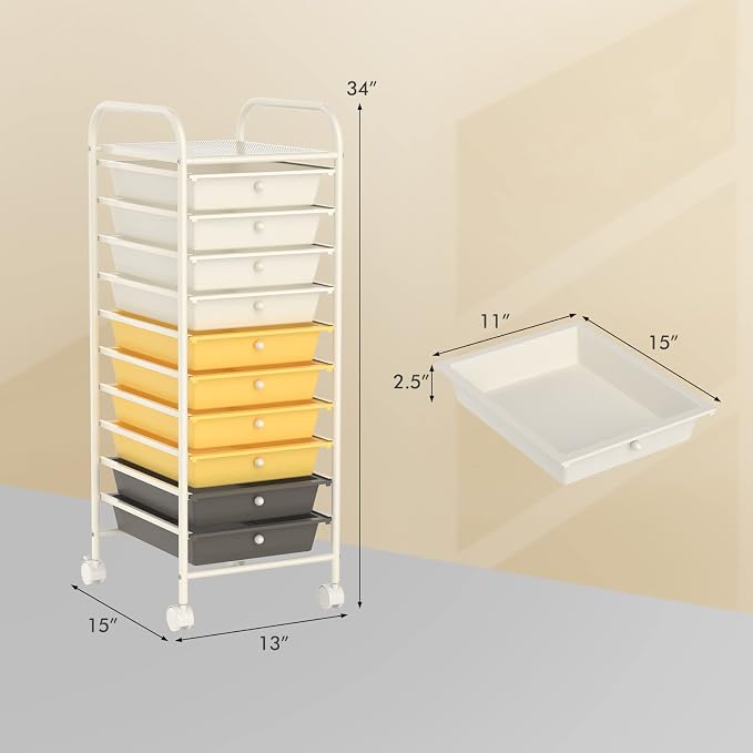 DREAMADE Rolling Cart with Storage Drawers, Utility Cart with Removable Plastic Drawers, Lockable Wheels, Art Cart for Classroom Organization Art Supplies Office Scrapbook (10 Drawers, Yellow)