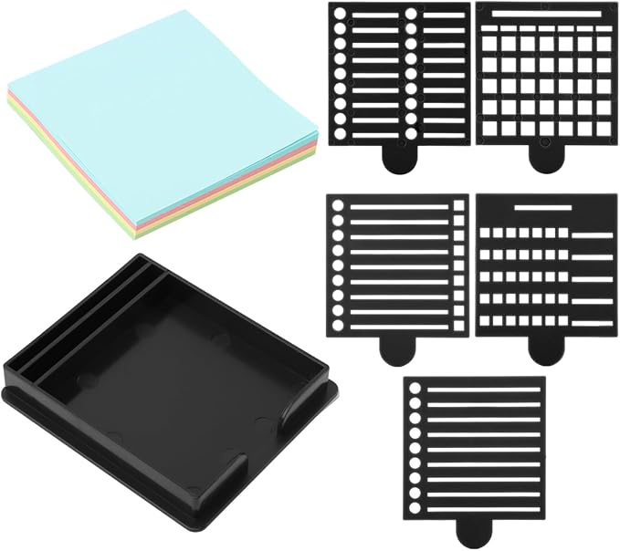Sticky Note Holder with 5 Different Stencil & 100 Sheet Post It Notes, 3x3 inch Sticky Pads Dispenser with Line Box Drawing Template for Office and Home(COLOR:black)