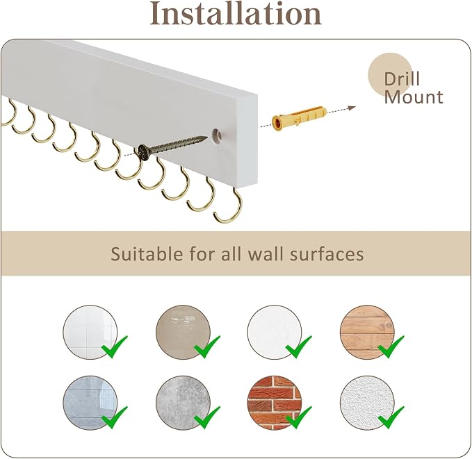 Lolalet Wooden Necklace Holder for Wall with 15 Hooks -Goldwhite | Wall Mount Jewelry Hangers for Necklaces, Chains, Bracelets and Earrings, Tangle-free, Easy to Install