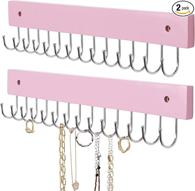 SCUNDA Wall Mounted Necklace Holder, Morden Style Necklace Holder, Tangle Free Wall Jewelry Organizer with 28 Hooks(2 Packs,Pink)