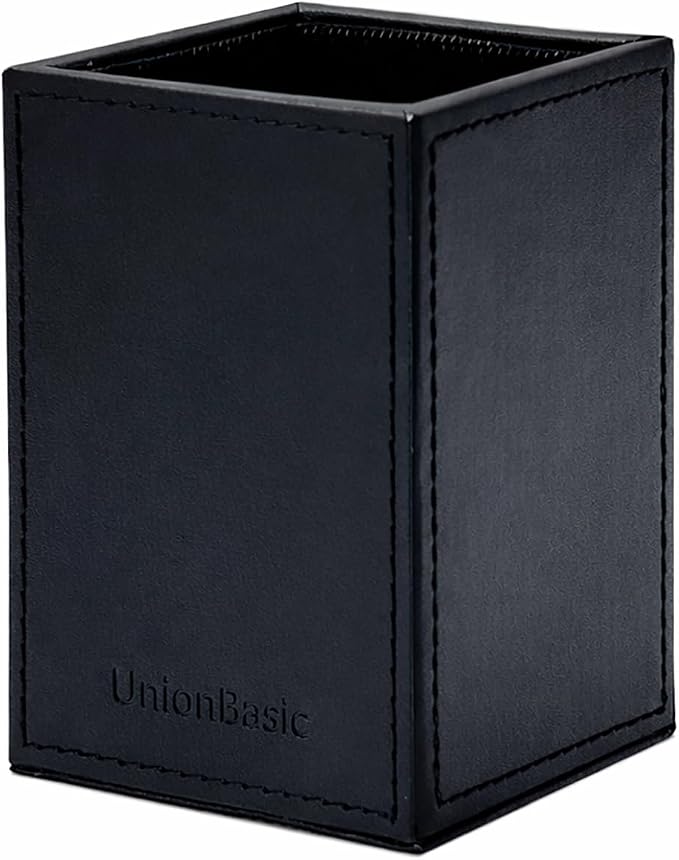 UnionBasic Square Pen Holder, Leather Pencil Cup, Desktop Caddy Stationery Organizer, Black