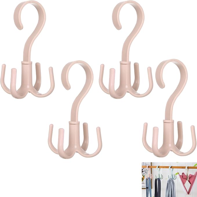 4PCS Rotating Tie and Belt Hanger, 360° Rotating Multifunctional Space Saving Closet Organizers Handbag Storage Hook Scarf Hanging Rack for Bedroom Kitchen (Beige)