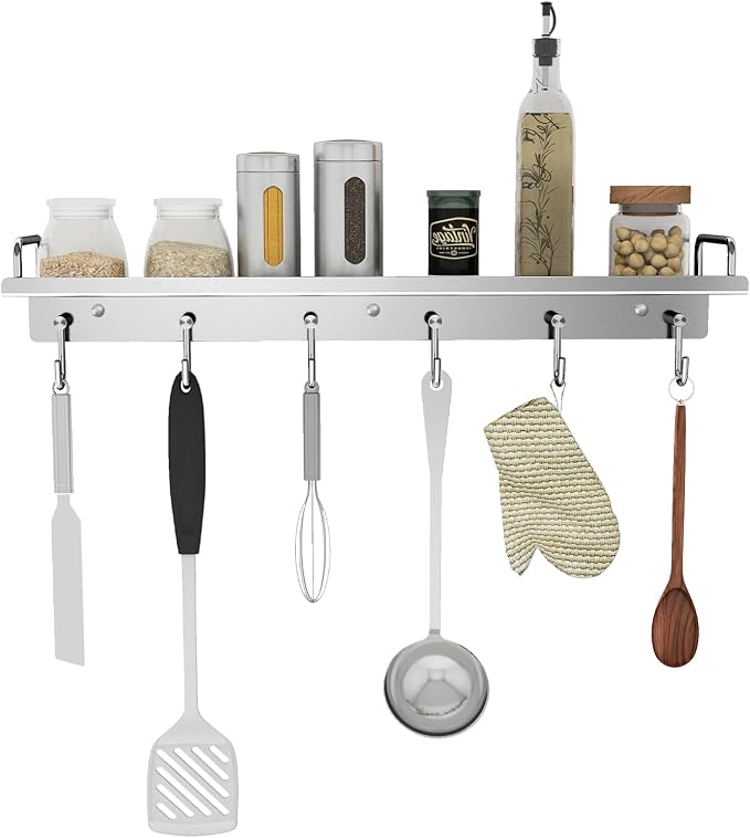 Audmore Kitchen Utensil Rack, 19.7 In Spice Rack with 6 Hooks Wall Mounted | Stainless Steel Over the Stove Shelf, Hanging Storage Wall Shelf for Spatula Spoon, Seasoning Jar Organizer, Rust Resistant