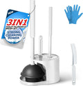FORASTO 3IN1 Toilet Brush and Plunger Set with Holder Compact Cleaning Kit | White, long grip, suction cup, firm bristles, crevice cleaner, bathroom essentials for apartment, daily supplies