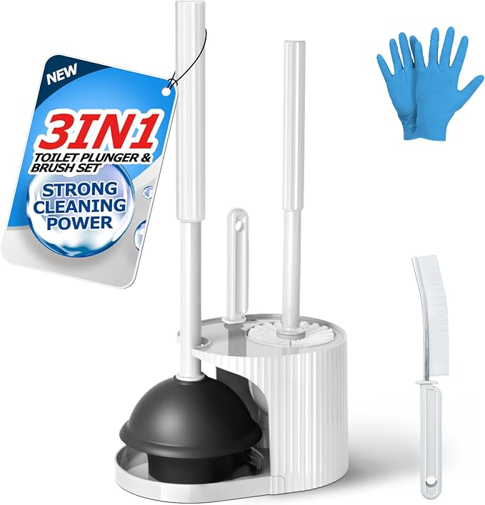 FORASTO 3IN1 Toilet Brush and Plunger Set with Holder Compact Cleaning Kit | White, long grip, suction cup, firm bristles, crevice cleaner, bathroom essentials for apartment, daily supplies