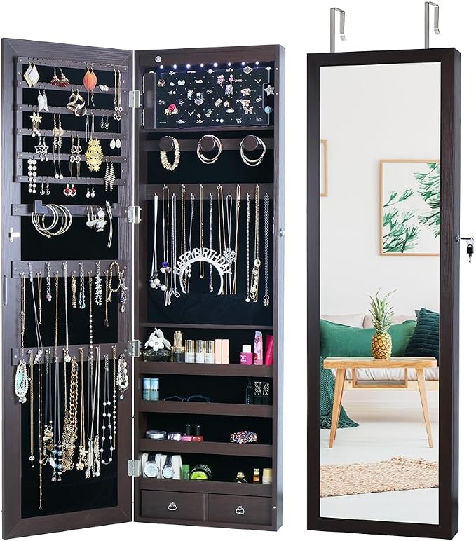 8 LED Lights Jewelry Armoire with Mirror - 47.3' H Cabinet Door Hanging/Wall Mounted Mirror With Storage And 2 Drawers - Brown