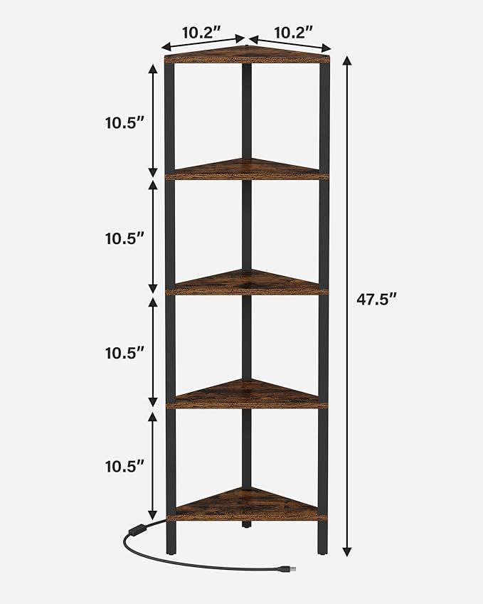 TUTOTAK Corner Shelf with LED Light, 5-Tier Corner Bookshelf for Small Space, Narrow Display Corner Shelf Stand with Storage Rack, for Living Room, Bedroom, Rustic Brown BS05BB005L