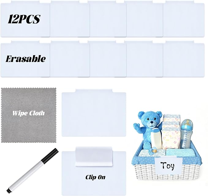 14 Pcs Set of Basket Labels Clip On for Storage Bins | 12 White Removable Bin Labels with 1 Chalk Marker&Wipe Cloth, Hanging Basket Tags for Pantry, Office, Classroom Organization