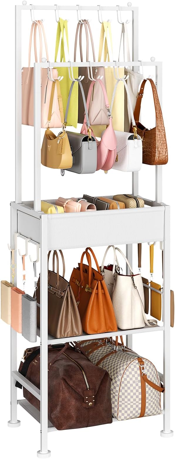DIMJ Purse Organizer for Closet - Floor-standing Handbag Organizer Rack with 16 Hooks, Purse Storage Shelf Stand for Handbags, Totes, Wallets, Scarves, Bedroom Entryway and Walk-in Closet, White