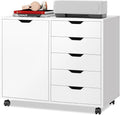 DEVAISE 5-Drawer Wood Drawer Cabinet, Office Storage Cabinet with Adjustable Shelf & Wheels, Printer Stand for Home Office, White