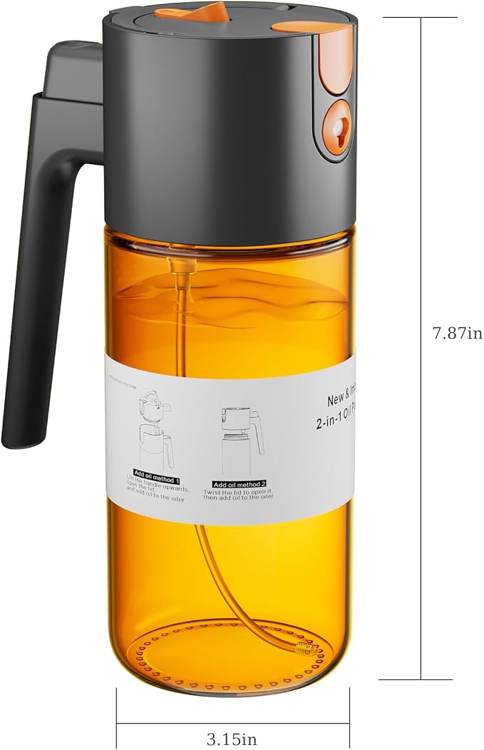 LAKUMIQI 2 in 1 Oil Sprayer & Dispenser, 17 oz Light-Blocking Glass Bottle | Large Capacity, Wide-Mouth for Easy Pouring and Cleaning, Leak-Proof Oil Bottle with Stickers for Salads, Air Fryers, BBQ