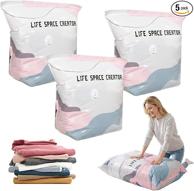3 Pack No Pump Vacuum Storage Bags,Vacuum Bags for Clothes，Medium | Upgraded Large Storage Compression Bags,Comforters,Blankets,Space Saver Bags