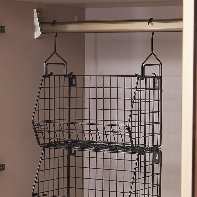 3 Tier Hanging Foldable Wire Baskets Closet Organizer Clothes Shelves Countertop Caddy Bin Wall Mount Shelf Storage Basket for Clothing Handbags Snacks Drinks Fruits