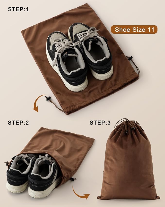 4 Pcs Shoe Bags for Travel, Dust Velvet Bag, Mocha Mousse, 17.3x12.6 Inch | Washable & Reusable Travel Shoe Bags, Dustproof Shoe Bags with Drawstring Closure, Suitable for Travel, Home Storage