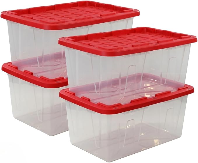 Pack of 4 Clear Storage Bins with Red Snap Lids, 27 Gallon Plastic Totes for Garage & Basement Organization, Stackable Storage Containers for Holiday Decor & Home Use