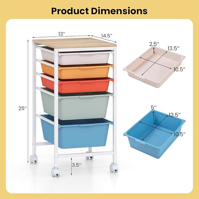 GOFLAME 5-Drawer Rolling Storage Cart, Craft Storage Cart with Wooden Tabletop and Lockable Wheels, Art Cart Supply Storage Organizer with Metal Frame for Home Office Classroom, Macaron Color