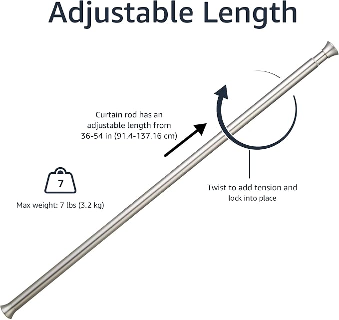 Amazon Basics Tension Curtain Rod, Adjustable 36-54" Width, Nickel, Classic Finial