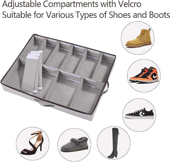 HOONEX Under Bed Shoe Storage Organizer with Adjustable Dividers, Shoe Holder with Leather Handles, 2 Pack, Store 24 Pairs, Grey