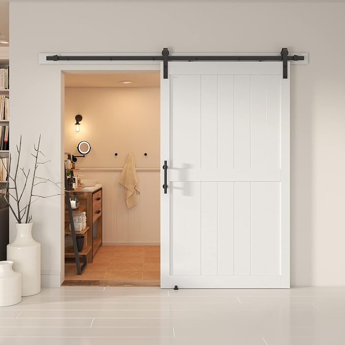 48''x84'' Sliding Barn Door with 8 Ft Barn Door Hardware Kit | Pre-Drilled Holes Easy Assembly - Include Installation Manual, Water-Proof PVC Surface, H-Frame, White