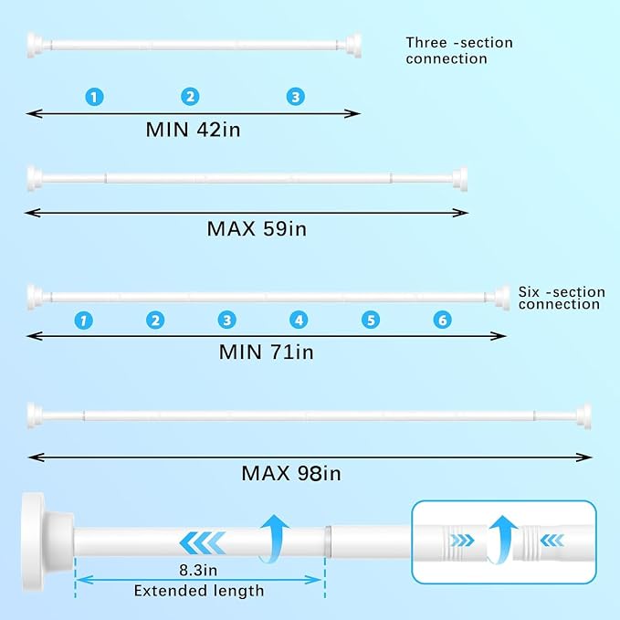 AIZESI Shower Rod Tension 42-98 Inch, Shower Rods For Bathroom Adjustable No Drillimg Tension Shower Curtain Rod Anti-Rust Shower Curtain Rods Long Shower Rod