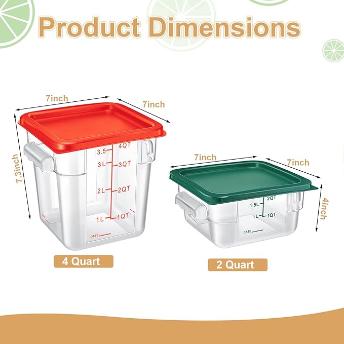 Barydat 4 Pcs Square Food Storage Containers with Lids Measurement Scales, 2qt & 4qt Clear Plastic Stackable Containers for Dough Proofing Baking Kitchen Restaurant and Pantry Organization(Red Green)