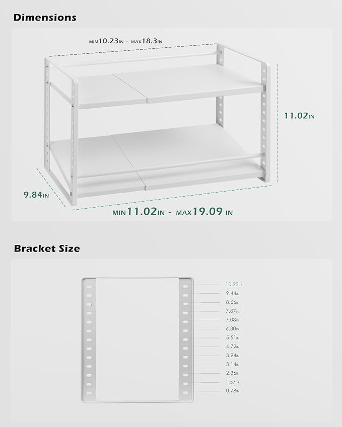 Expandable Cabinet Shelf Organizer, 2-Tier Countertop Storage Riser | Heavy-Duty Metal, Holds 80 lb, Adjusts Wide, 13 Height Slots, Tilt Option, for Kitchen, Pantry & Cupboard, Under Sink, White