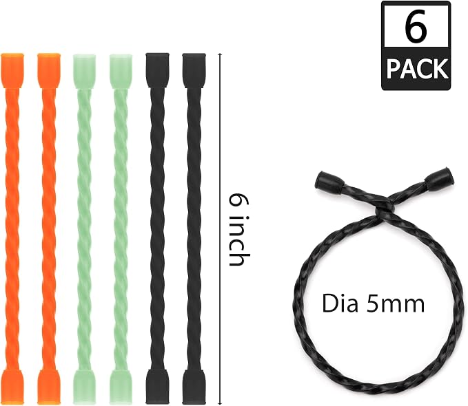 6 PCS 6-Inch Silicone Cable Ties Dia 5mm Reusable Steel-Core Rubber Twist Ties Bendable Cable Ties for Bundling and Holding, All Purpose Cord Tie for Indoor and Outdoor (Orange,Green,Black)