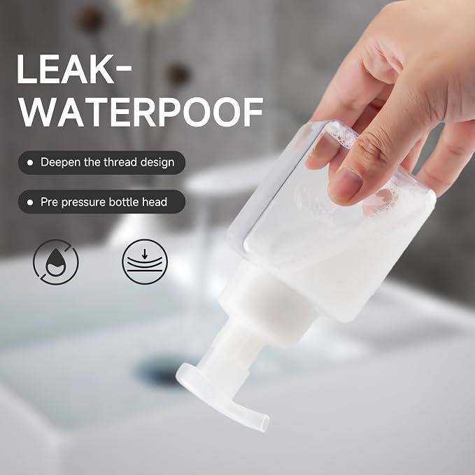 250ML Foaming Soap Dispenser, 2-Pack Plastic Hand Soap Dispenser, Refillable Leakproof Foam Pump Bottle with Waterproof Labels, for Shampoo, Body Wash