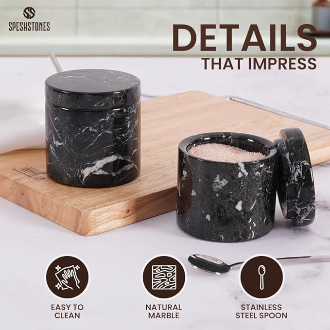 Marble Salt Cellar 3 Inch Black Salt Shakers Set for Kitchen, Salt Containers for Countertop, Sugar Bowl With Lid, Salt Holder, Spice Jars for Seasoning Storage, Salt Box
