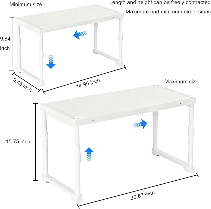 Expandable Cabinet Shelf Organizer，Adjustable Kitchen Counter Shelf,Multi-Functional Stackable Kitchen Pantry Counter Storage，Applicable to Kitchen Bathroom Cabinet Shelves White 1 Pack