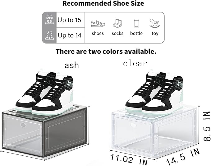 US 15 Clear Entryway Shoe Storage Boxes Stackable XXL, 8 Pack Clear Shoe Boxes Stackable for Closet, Drop Front Large Plastic Shoe Containers Collecting Sneakers