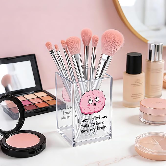 I Just Rolled My Eyes So Hard I Saw My Brain Acrylic Pencil Pen Holder Cup, Brain Makeup Brush Storage Organizer, Mental Health Desk Accessories Holder, Sarcastic Office Gifts for Colleague