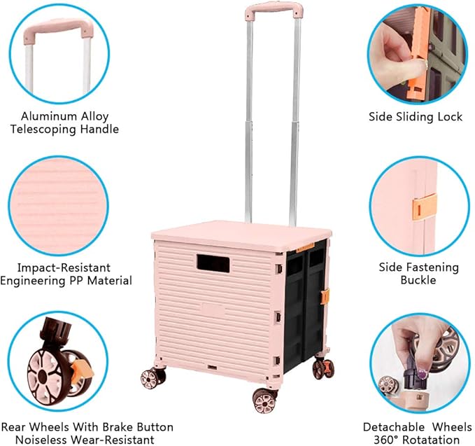 FELICON SELORSS Foldable Utility Cart Folding Portable Rolling Crate Handcart with Durable Heavy Duty Plastic Telescoping Handle Collapsible 4 Rotate Wheels for Travel Shop Move Luggage Office(Pink
