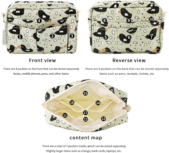 E-WEICHEN Multiple Pockets Portfolio Organizer with Zippered, Makeup Bag Travel Essentials for Women, Simple Waterproof Stationery Pencil Pouch Bag for Journal Office Art Supplies.Beige Bird