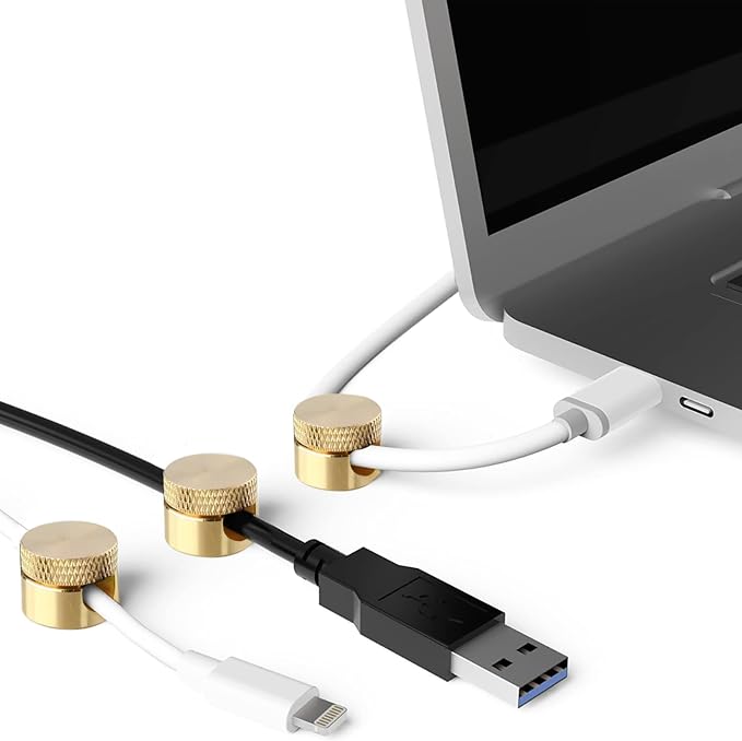 3PCS Premium Cord Holder for Nightstand, Computer Cord Organizer for Desk, Appliance Cord Organizers, Stick-On Cable Clip for Charger, Laptop, USB, Headphones, Wire Management Set, Gold