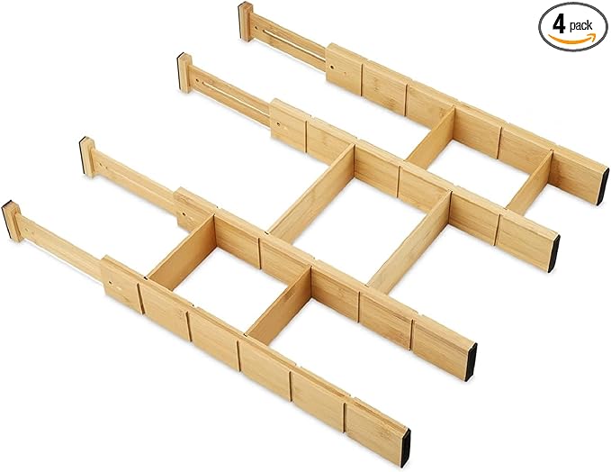 Kitchen Drawer Dividers 4-Pack – Bamboo Adjustable Expandable Drawer Organizer with Inserts, Spring Loaded Drawer Separators for Utensils, Silverware, Dressers & Bathroom Organization