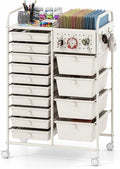 Giantex 14 Drawer Storage Cart, Rolling Craft Cart with Metal Tabletop & Pegboard, Mobile Utility Organizer Trolley with Locking Wheels, Home Office, Ivory