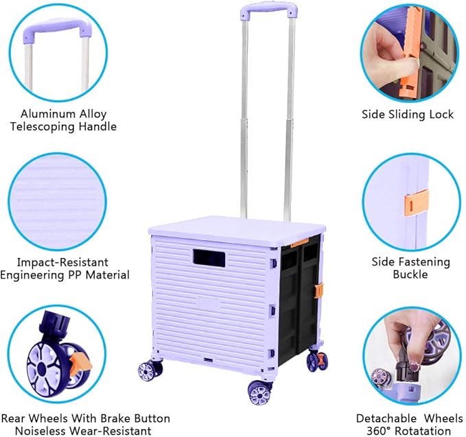 FELICON SELORSS Foldable Utility Cart Folding Portable Rolling Crate Handcart with Durable Heavy Duty Plastic Telescoping Handle Collapsible 4 Rotate Wheels for Travel Shop Move Luggage Office(Purple