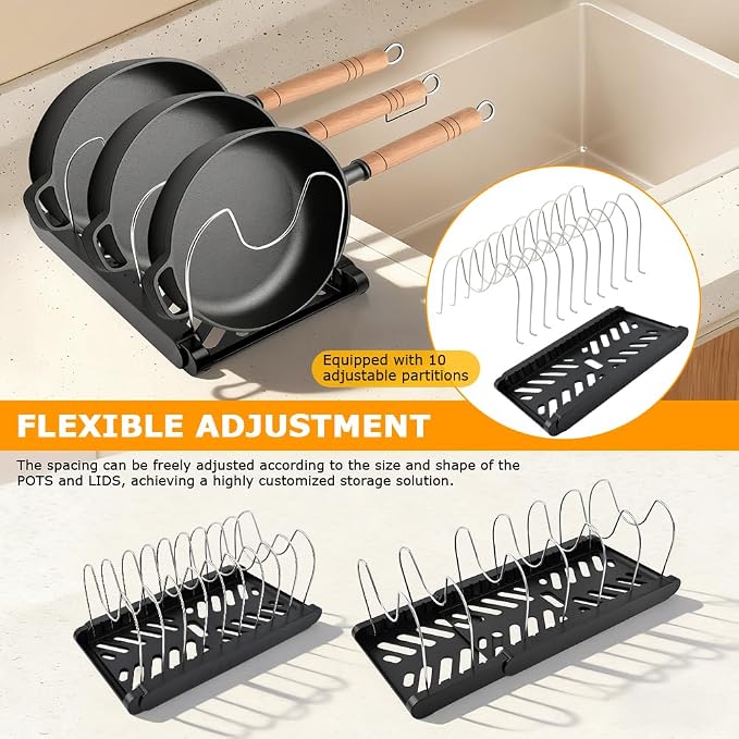 Expandable Pots and Pans Organizer Rack,with 10 Adjustable Compartments for Kitchen Cabinet or Under Sink 13"-23"Adjustable Pot Lid Holder for Cookie Sheets Cutting Boards Cookware(COLOR:Black)
