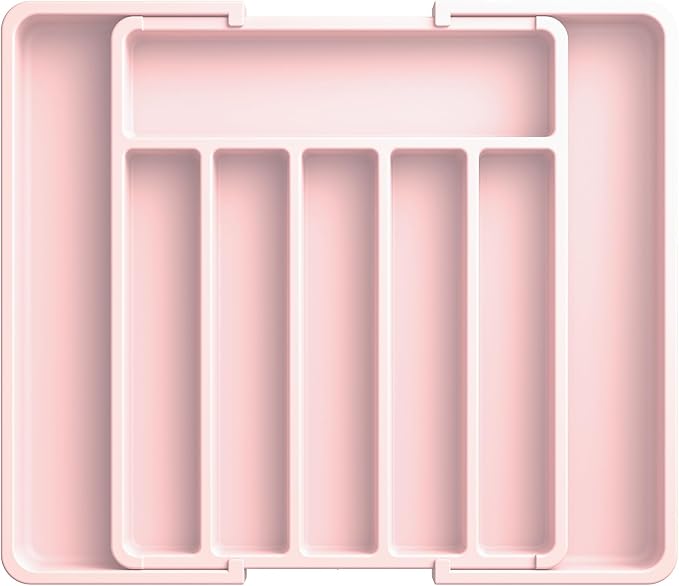 Aujen Silverware Organizer - Expandable Kitchen Drawer Organizer, Adjustable Utensil Organizer, Cutlery Tray for Forks, Knives, Multipurpose Kitchen Organizers and Storage Solution, Pink, Large