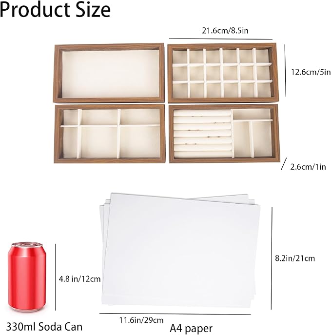 Wooden Jewelry Organizer Trays for Drawer, Stackable Jewelry Drawer Organizer Inserts, Set of 4 Jewelry Storage Flat Stacking Display Case Box for Rings Stud Necklaces(Beige)