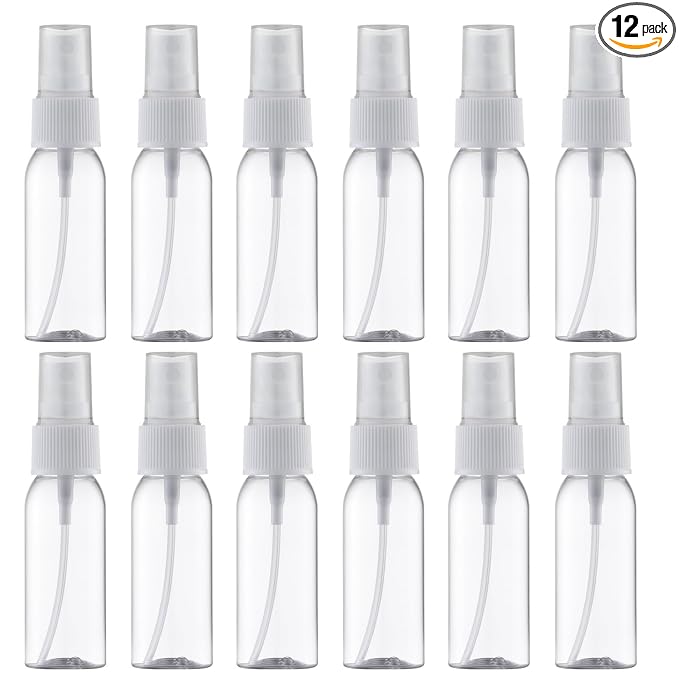 LISAPACK Plastic 1oz Spray Bottles Empty Small Mini Fine Mist Travel Size Atomizer, Tiny Sprayer for Little Perfume, Water, Cologne, Alcohol, Samples (12pcs, clear, 30ml)