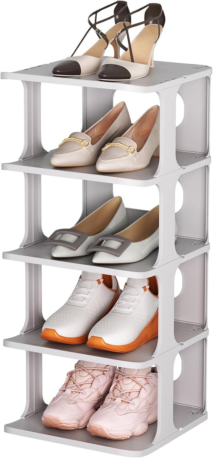 HAIXIN Small Shoe Rack for Closet Grey 5-Tier Shoe Organizer | Compact Size for Tight Spaces, Entryways, Under Bed, Stackable & Expandable, for Smaller Shoes, Easy Assembly, Sturdy Plastic