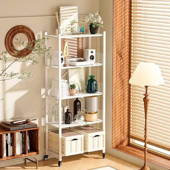 Folding Shelves No Assembly, 5 Tier Foldable Storage Shelves with Wheels, 220LBS Per Shelf Metal Collapsible Rack for Pantry Storage & Home Organization, White