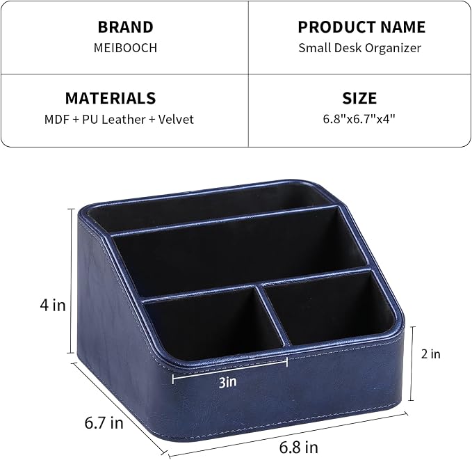 PU Leather Remote Control Holder, Nightstand Organizer with 4 Compartments | Luxury Desk Caddy with Velvet Lining, Small Desk Organizer for Living Room, Bedroom, Bedside, End Table, 6.8" x 6.7" x 4"