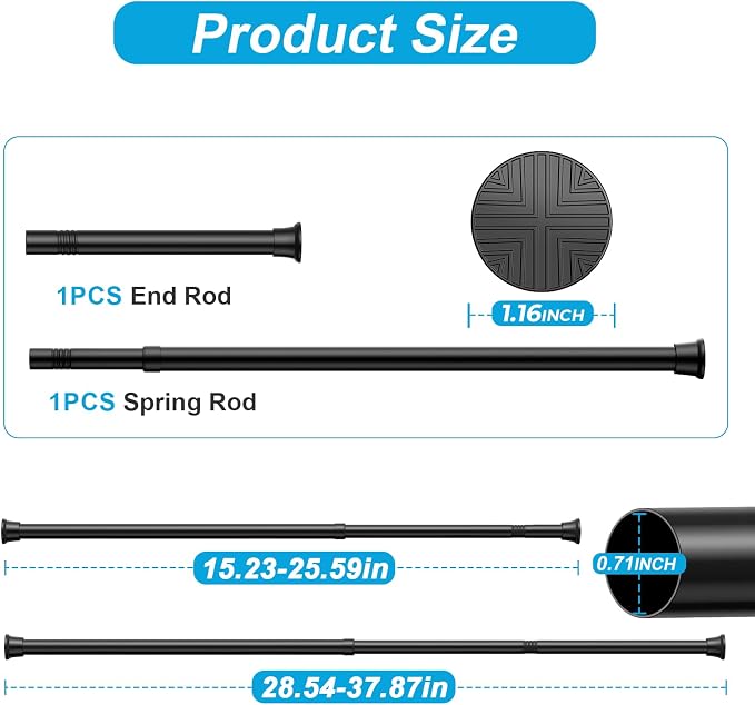 2Pack Tension Rod 16-38Inch Black Curtain Rods for Windows Small Tension Rod Adjustable Curtain Rod no Drilling Tension Rods for Window,Doorway,Closets